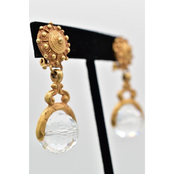 DKNY Vintage Crystal Ball Clip Earrings Antiqued Brushed Gold Signed 1980s BinW - Picture 4 of 12